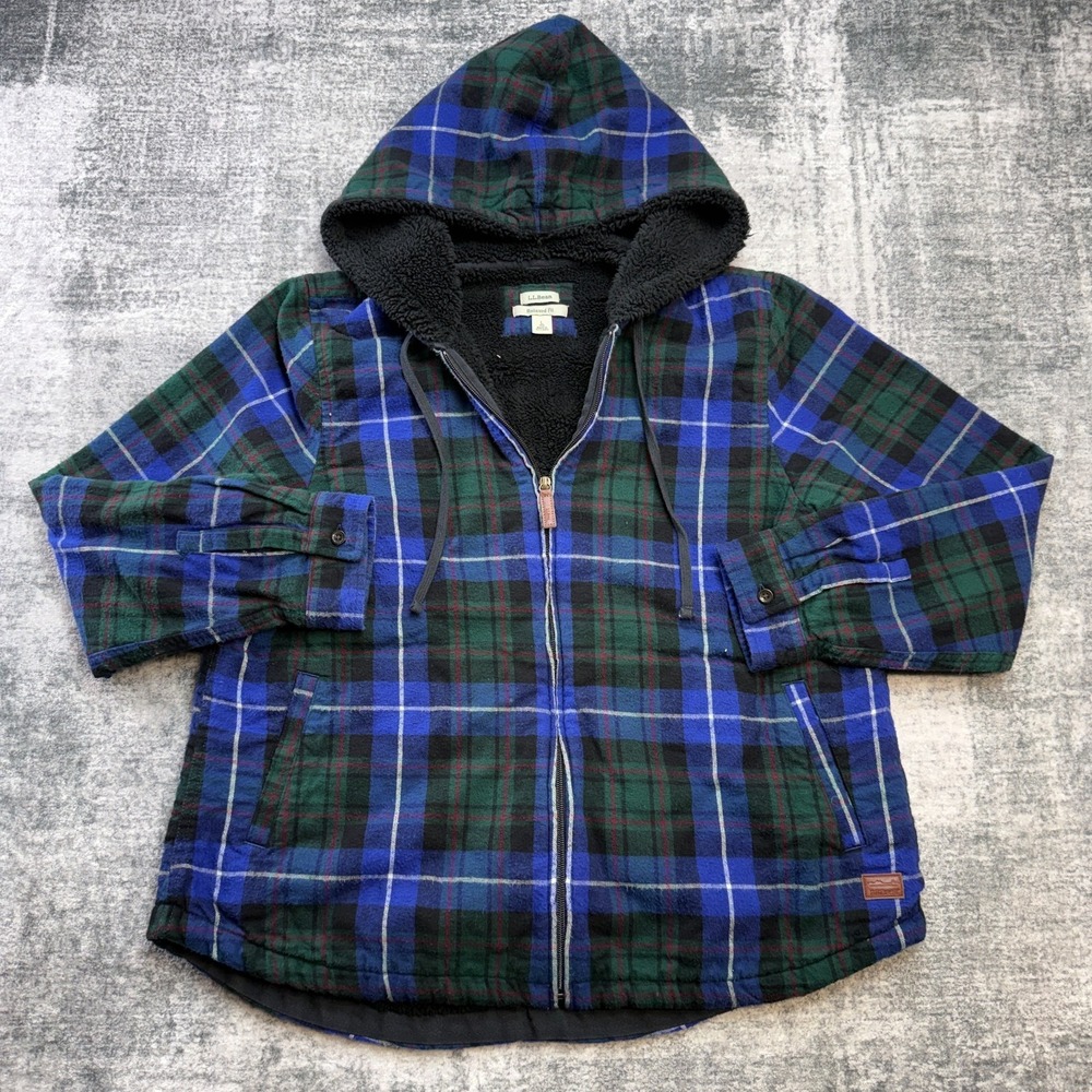 LL Bean Shirt Jacket Hoodie Womens Large Blue Green Tartan Plaid Sherpa Zip Up